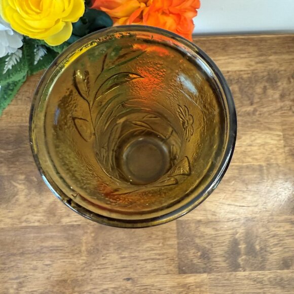 Vintage Amber Pressed Glass‎ Vase – Bird Butterfly Floral Design 1970s Textured - Picture 5 of 6